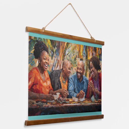 Opbeurende en vreugdevolle scène van vrienden lach hangend wandkleed (Gebogen)