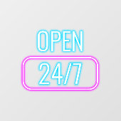 Open 24/7 l Neon Roze Blauw Openingstijden  Raamsticker (Vel)