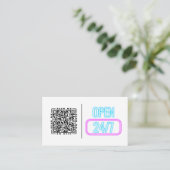 Open 24/7 Neon | Aanpasbare QR-code en logo Visitekaartje (Staand voorkant)