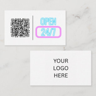 Open 24/7 Neon Aanpasbare QR-code en logo Visitekaartje