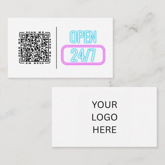 Open 24/7 Neon | Aanpasbare QR-code en logo Visitekaartje (Voorkant / Achterkant)