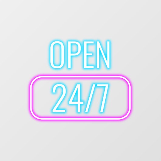 Open 24/7 Neon Roze Blauw Openingstijden  Raamsticker (Vel)