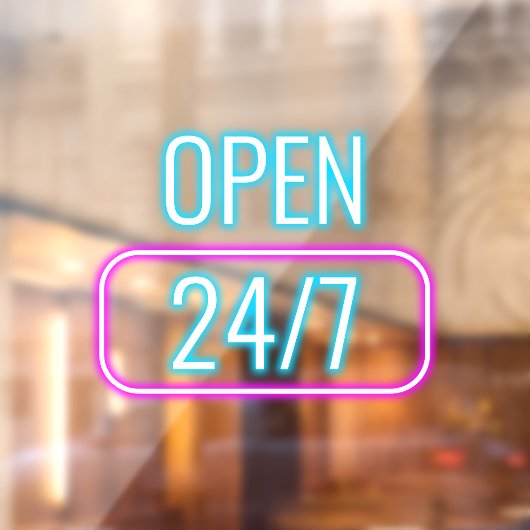 Open 24/7 Neon Roze Blauw Openingstijden  Raamsticker (Vel 2)