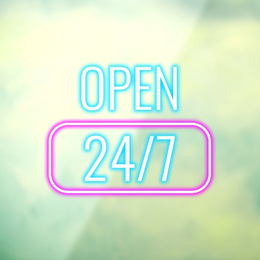 Open 24/7 Neon Roze Blauw Openingstijden  Raamsticker (Vel 3)