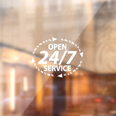 Open 24/7 Service-uren Tijd Wit Transparant Raamsticker (Vel 2)