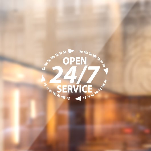 Open 24/7 Service-uren Tijd Wit Transparant Raamsticker (Vel 2)