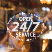 Open 24/7 Service-uren Tijd Wit Transparant Raamsticker