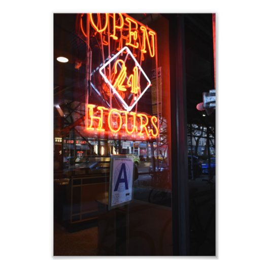 Open 24 uur Neon Diner Sign New York City NYC Foto Afdruk (Voorkant)