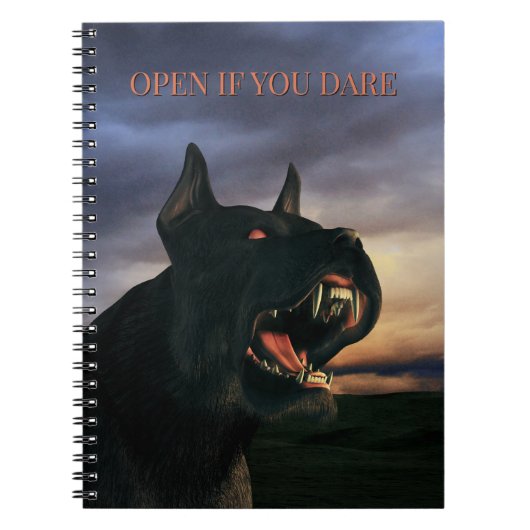 Open als je durft. Grote, zwarte hond Notitieboek (Voorkant)