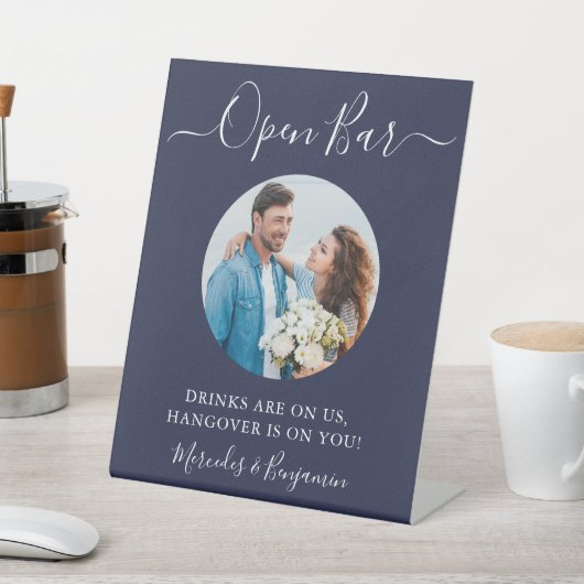 Open Bar - Aangepaste foto marineblauwe bruiloft Reclamebord Met Voetstuk (Insitu)