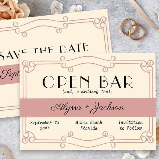 Open Bar Art Deco Dusty Roos en Cream Save The Date