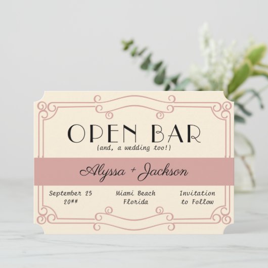 Open Bar Art Deco Dusty Roos en Cream Save The Date (Staand voorkant)