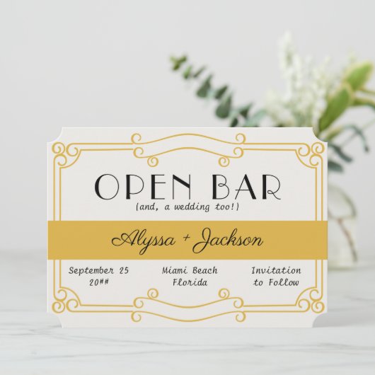 Open Bar Art Deco Oker Geel en Grijs Save The Date (Staand voorkant)