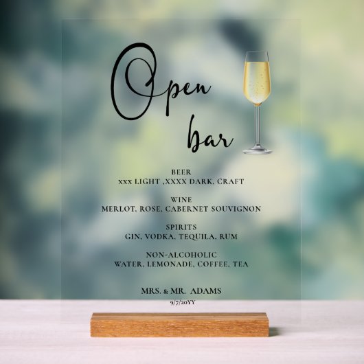 Open bar bruiloft acryl bord (Neutraal)