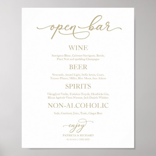 Open Bar Elegante Gouden Kalligrafie Trouwbord Poster (Voorkant)