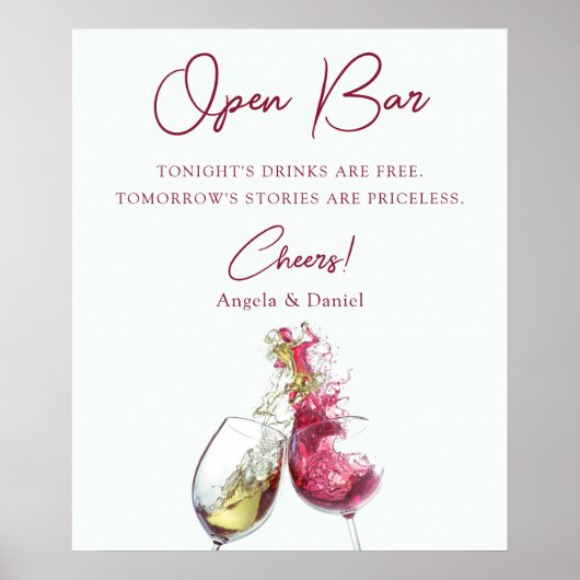 Open Bar Elegante Rode en Witte Wijn Dans Bruiloft Poster (Voorkant)