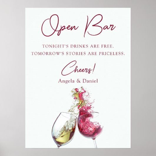 Open Bar Elegante Rode en Witte Wijn Dans Bruiloft Poster (Voorkant)