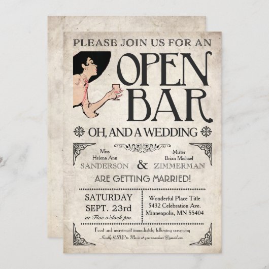 Open Bar en een bruiloft Kaart (Voorkant / Achterkant)