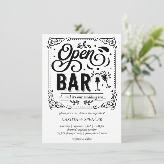 Open Bar (en Trouwen) | Casual Micro Bruiloft Kaart (Staand voorkant)