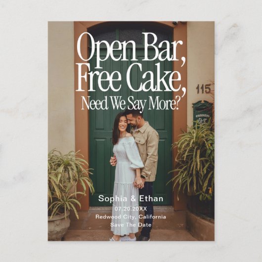 Open Bar Free Cake Photo Retro Save The Date Aankondigingskaart (Voorkant)