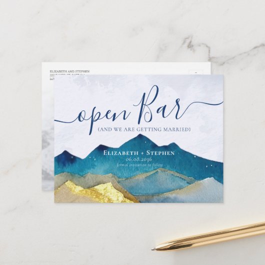 Open Bar Gold Mountain Weddenfoto Save the Date Aankondigingskaart (Voorkant / Achterkant in situ)