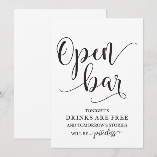 Open Bar Huwelijk Alcohol Bord Kaart (Voorkant / Achterkant)