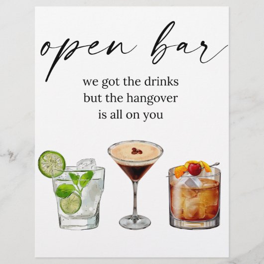 Open bar leuke bruiloft waterverf cocktails flyer (Voorkant)