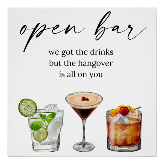 Open bar leuke bruiloft waterverf cocktails perfect poster (Voorkant)