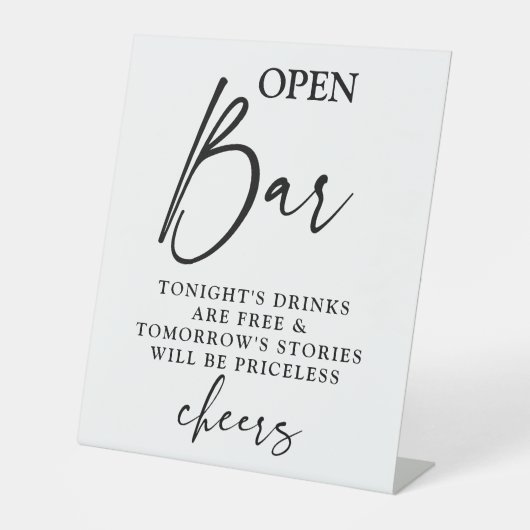 Open Bar, minimalistisch trouwbord Reclamebord Met Voetstuk (Voorkant)