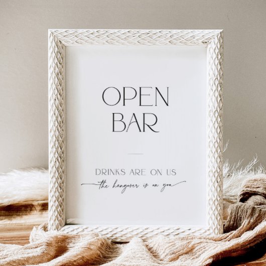 Open Bar Minimalistische Zwart-Wit Script Trouwen Reclamebord Met Voetstuk