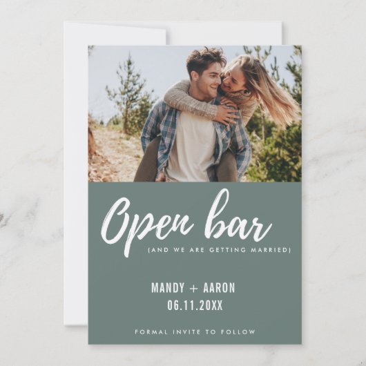 Open Bar Modern Photo Wedding Funny Save the Date (Voorkant)
