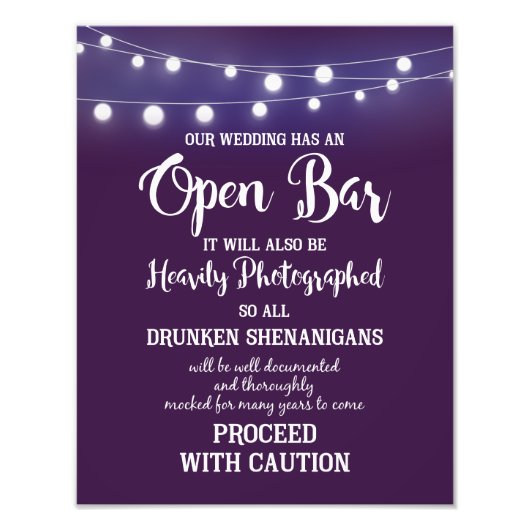 OPEN BAR party of bruiloft bord Foto Afdruk (Voorkant)