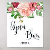 Open Bar Roze Bloemen bruiloft teken poster (Voorkant)