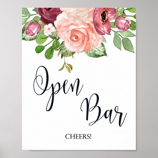 Open Bar Roze Bloemen bruiloft teken poster (Voorkant)