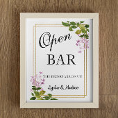 Open Bar Roze Floral trouwbord 8x10 poster