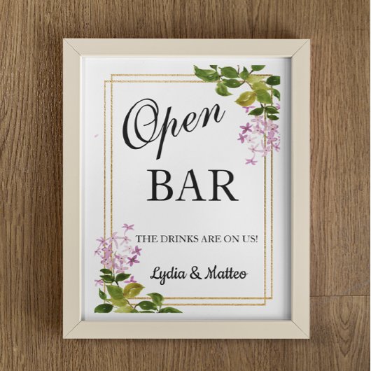 Open Bar Roze Floral trouwbord 8x10 poster