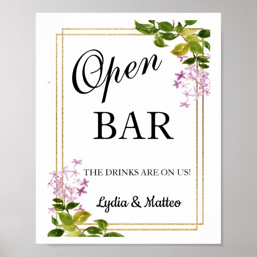 Open Bar Roze Floral trouwbord 8x10 poster (Voorkant)