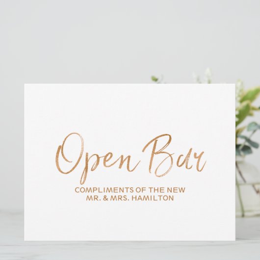 "Open Bar Sign" Trouwkaart | Stijlvolle Gouden Roo Kaart (Staand voorkant)