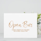 "Open Bar Sign" Weddenschap | Stylish Gold Roos Kaart (Staand voorkant)