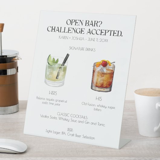 Open Bar Signature Cocktail Wedding Sign Reclamebord Met Voetstuk (Insitu)