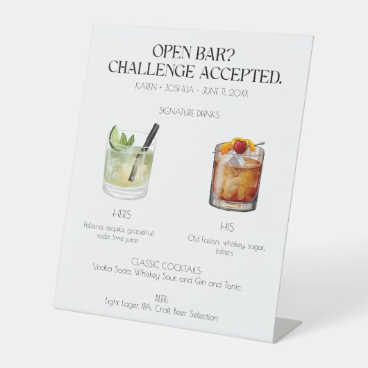 Open Bar Signature Cocktail Wedding Sign Reclamebord Met Voetstuk (Voorkant)
