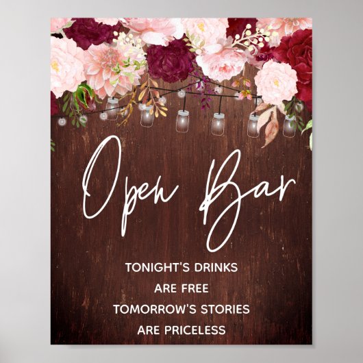 Open Bar String Lights Wood Burgundy Mason Jar Poster (Voorkant)