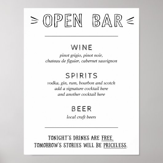 Open Bar | Trouwbar Menu Bord Poster (Voorkant)