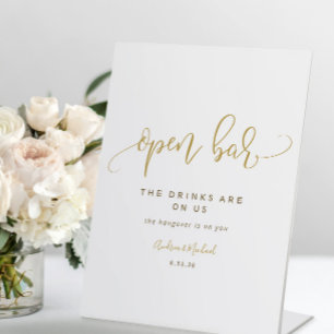 Open Bar Weddenschap Swirly Calligraphy Gold Reclamebord Met Voetstuk