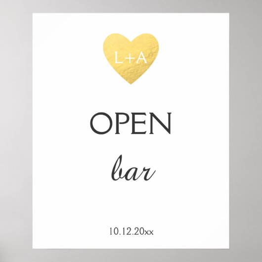 Open Bar Wedding-teken, faux Gold-hart Poster (Voorkant)