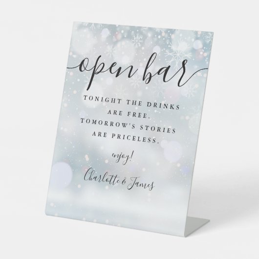 Open Bar Winter Zwarte Handtekening Script Reclamebord Met Voetstuk (Voorkant)