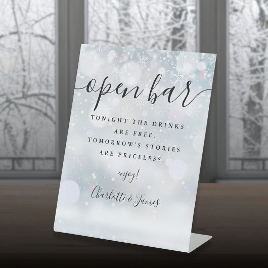 Open Bar Winter Zwarte Handtekening Script Reclamebord Met Voetstuk