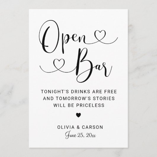 Open Bar Zwart Hart Script Trouwbord Kaart (Voorkant)