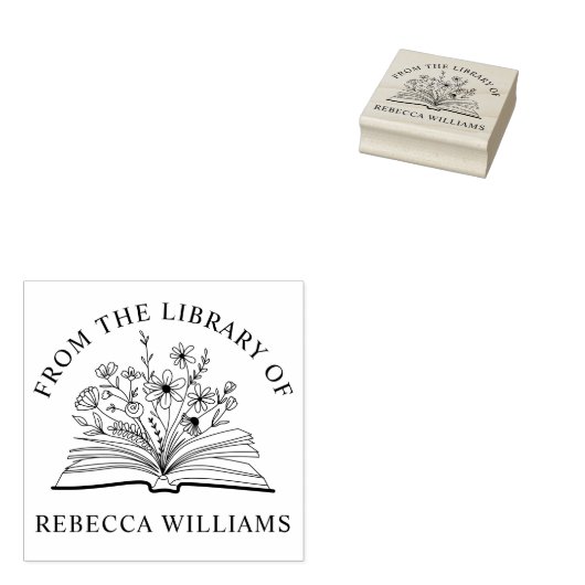 Open Boek & Bloemen Jouw Naam Van de Bibliotheek v Rubberstempel (Gestempeld)