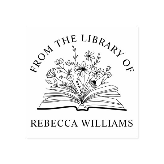 Open Boek & Bloemen Jouw Naam Van de Bibliotheek v Rubberstempel (Afrduk)